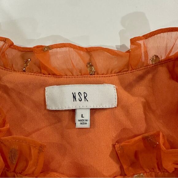 NSR Peach & Gold Metallic Dot Ruffle Long Sleeve Peasant Dress Size L - Picture 7 of 10